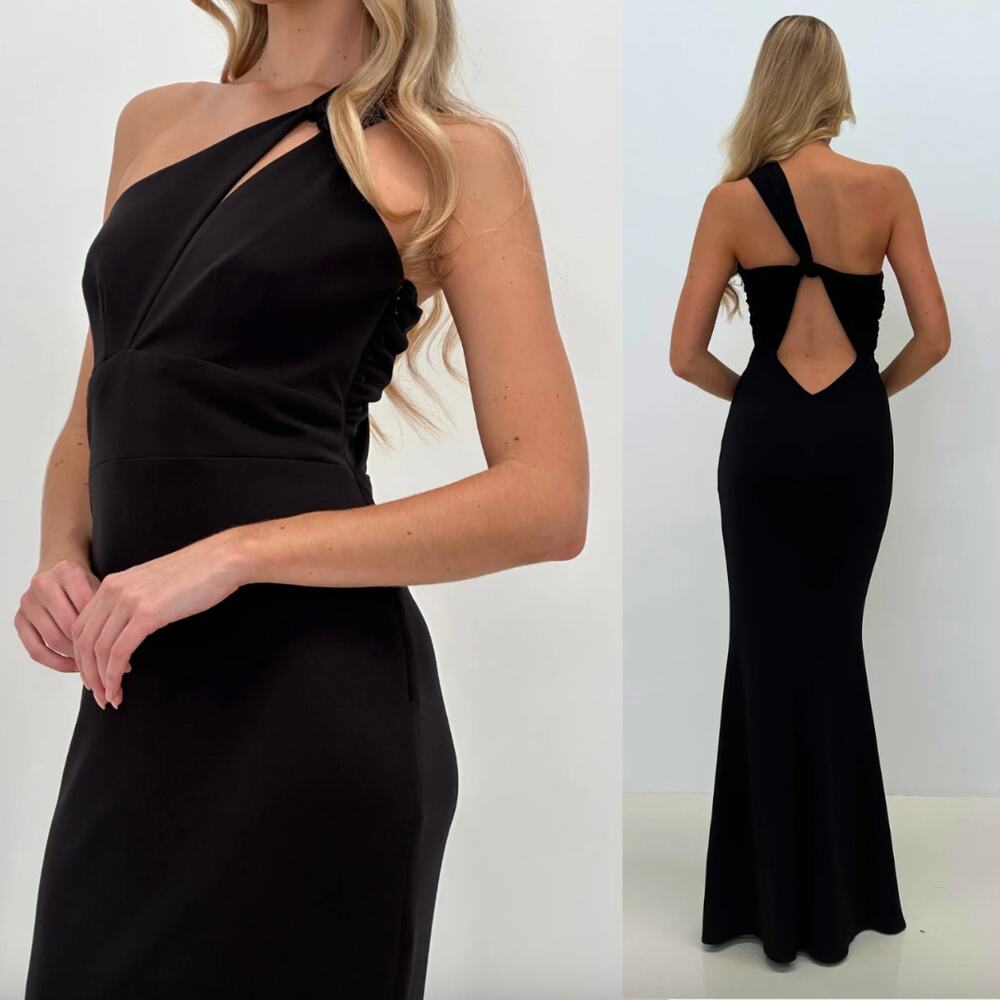 Katie May | Edgy Dress in Black One Shoulder Stretch Crepe Maxi XS
